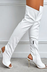Textured Peep Square Toe Thigh High Stiletto Heeled Boots - White